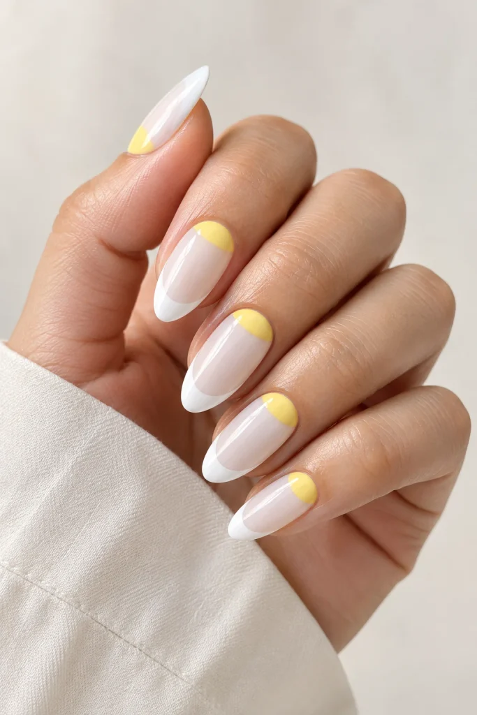 White tipped nails with yellow half-moon accents
