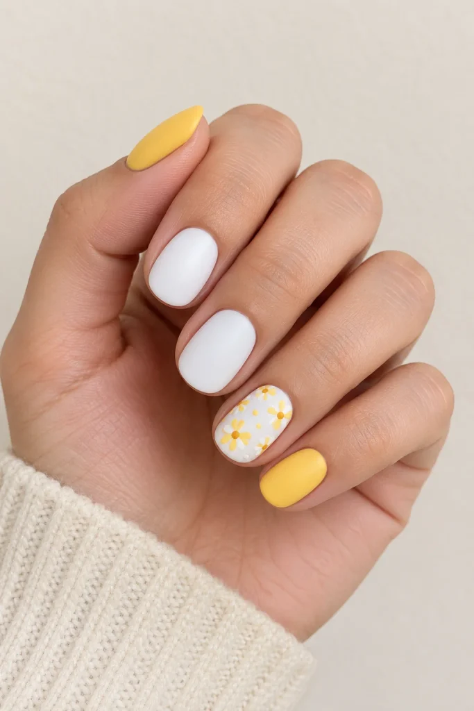 White nails with small yellow daisy accents