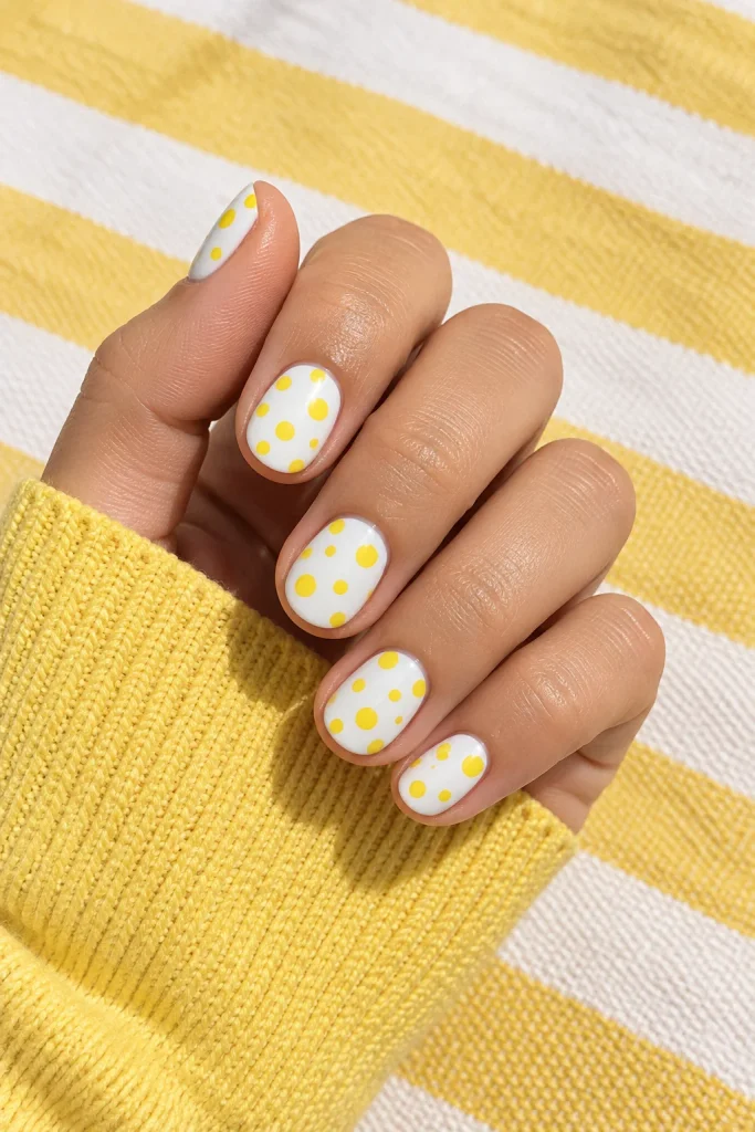 White nails decorated with yellow polka dots