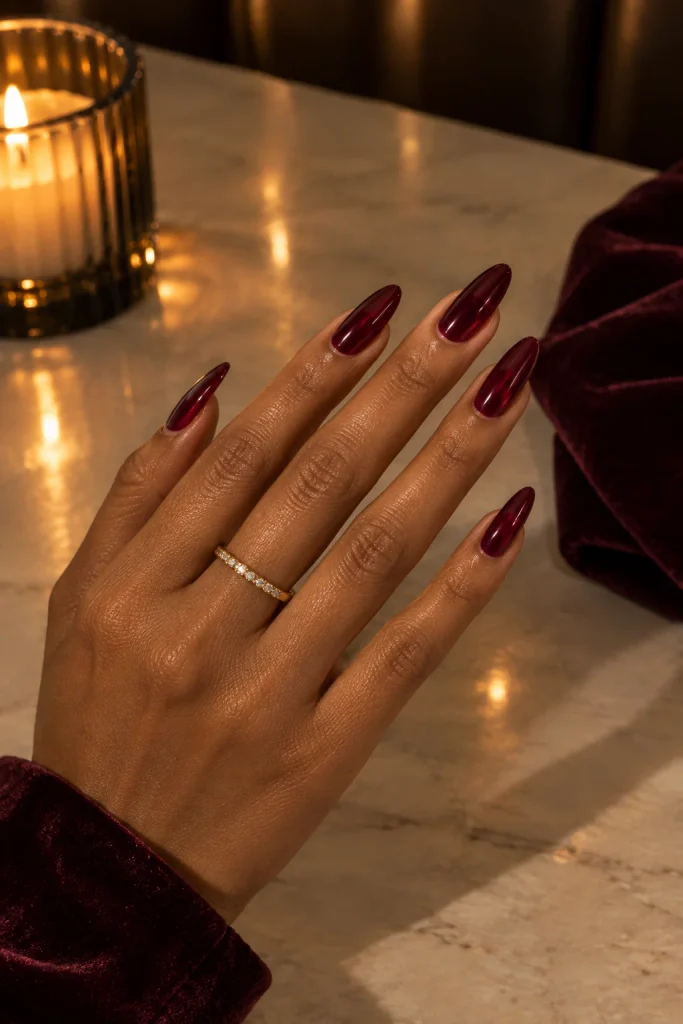 Wine burgundy cherry glaze nails on dark skin