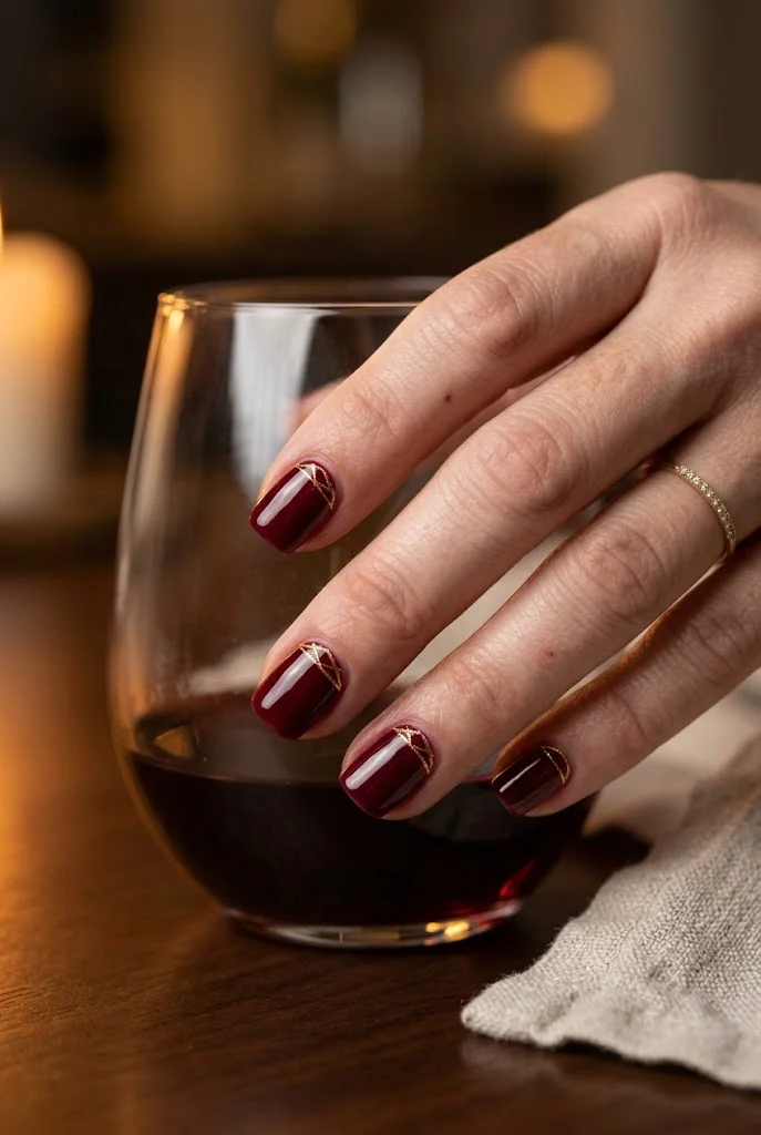 Glossy wine red nails with fine gold line accents beside a glass of wine.