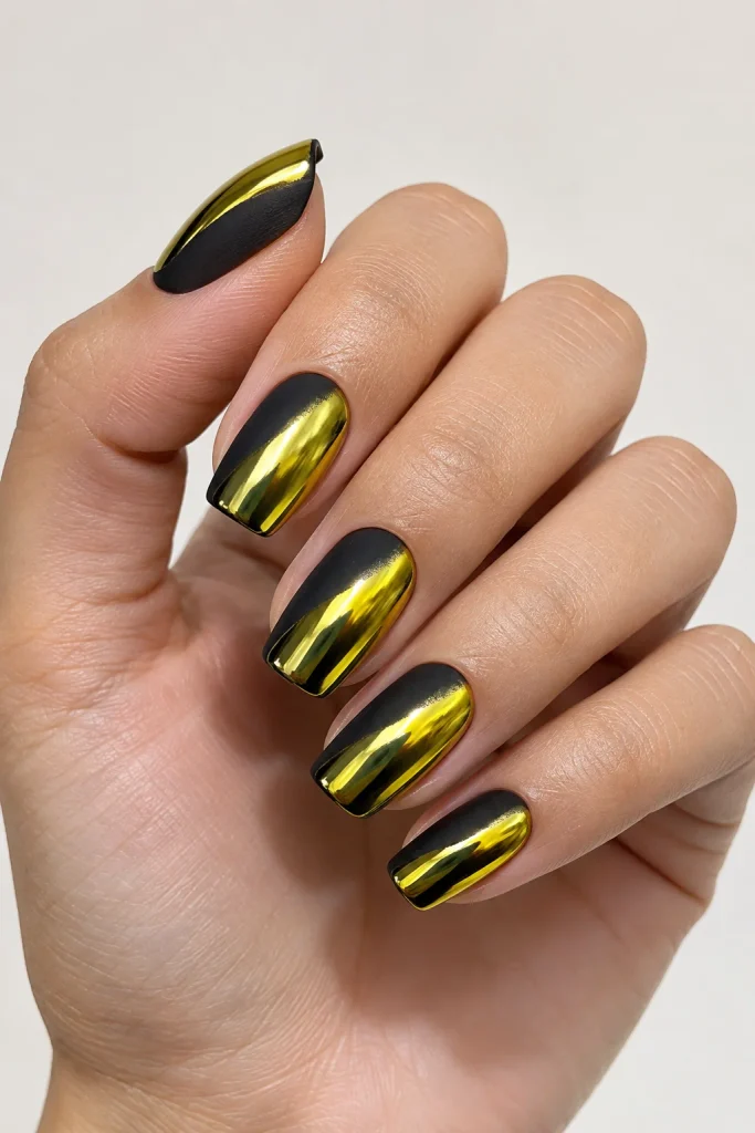 Yellow chrome foil accents over matte black nails