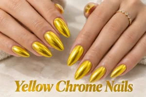 Yellow chrome nails with bright mirror shine