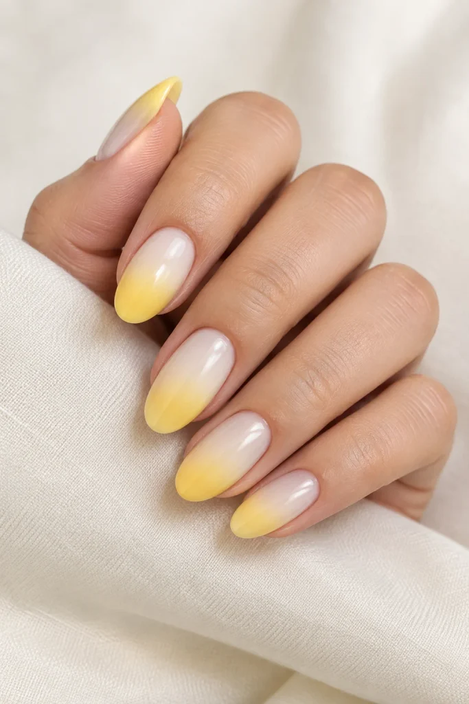 Yellow ombre nails fading from a cream base