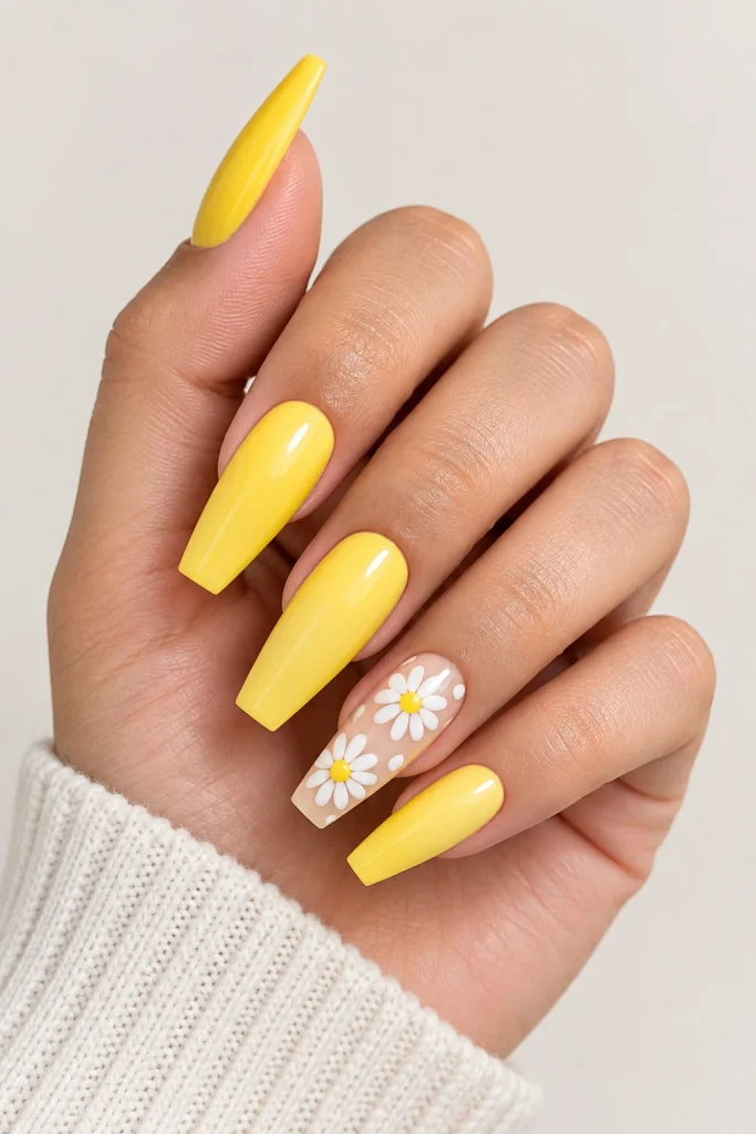 Yellow coffin nails decorated with delicate white daisy art