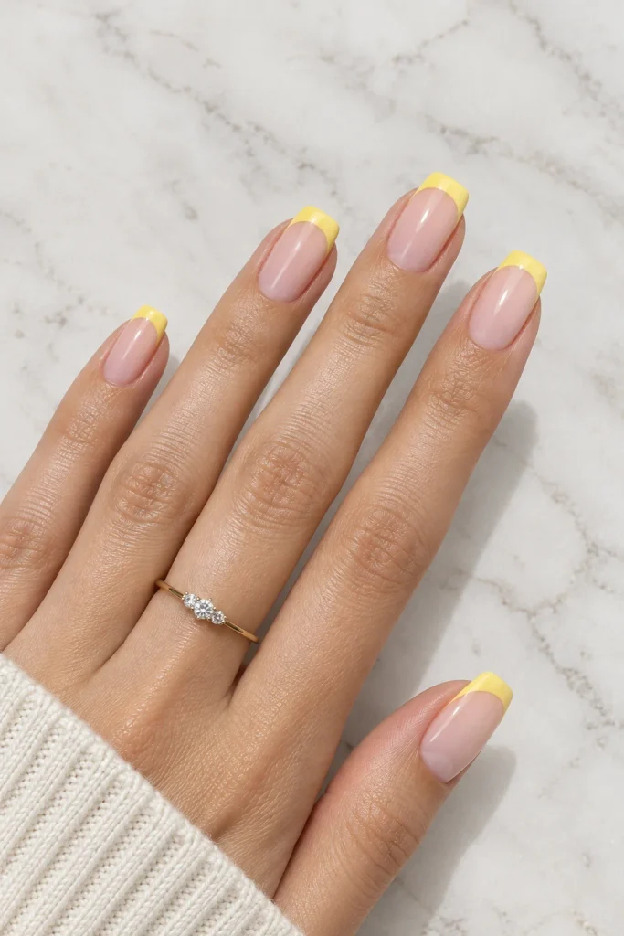 Yellow French tips over soft pink nail base