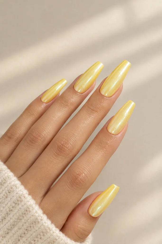 Yellow glazed donut coffin nails with a pearly finish