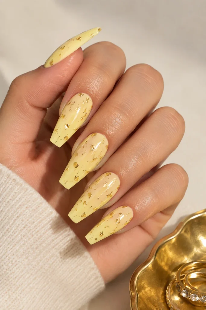 Pastel yellow nails with delicate gold foil