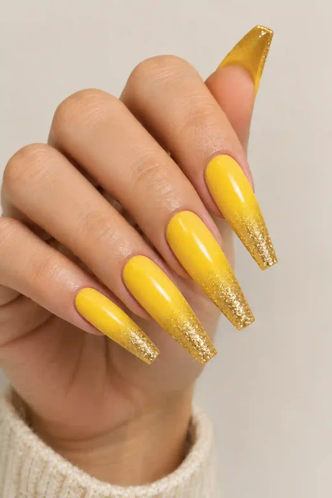 Yellow to gold shimmer ombre nails for occasions
