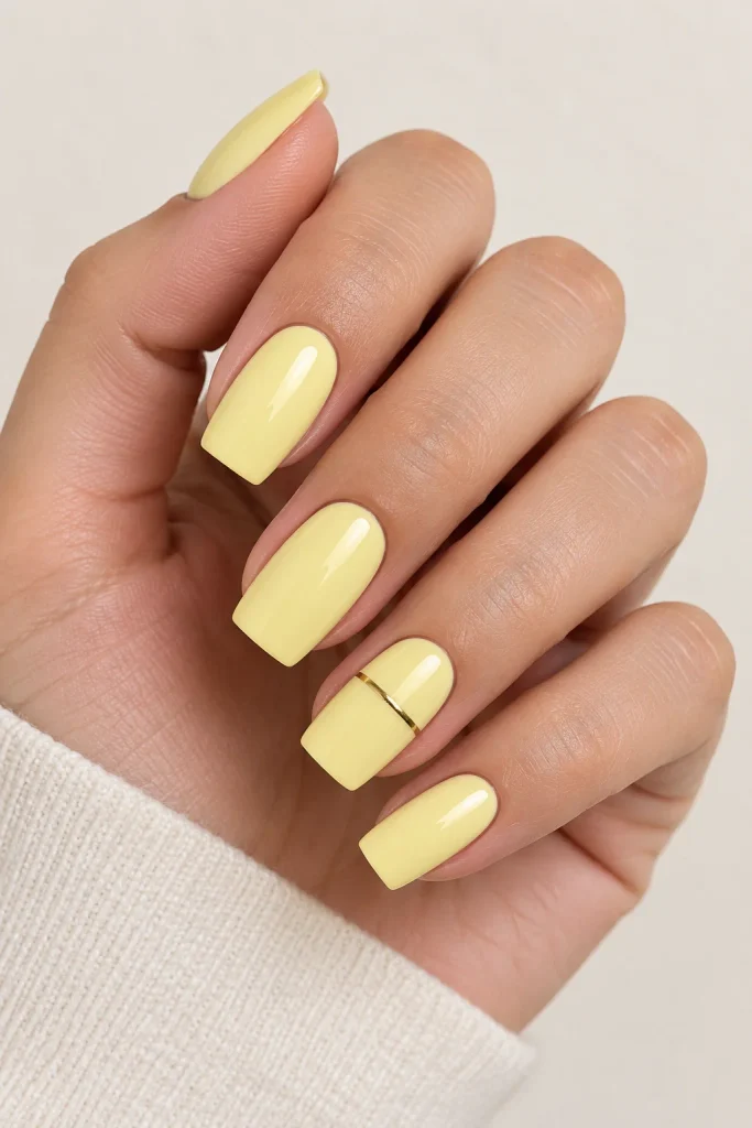 Pastel yellow nails with delicate line art