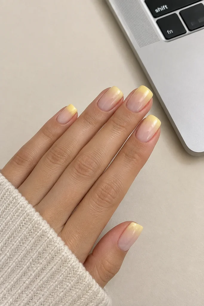 Yellow to nude ombre nails with subtle finish