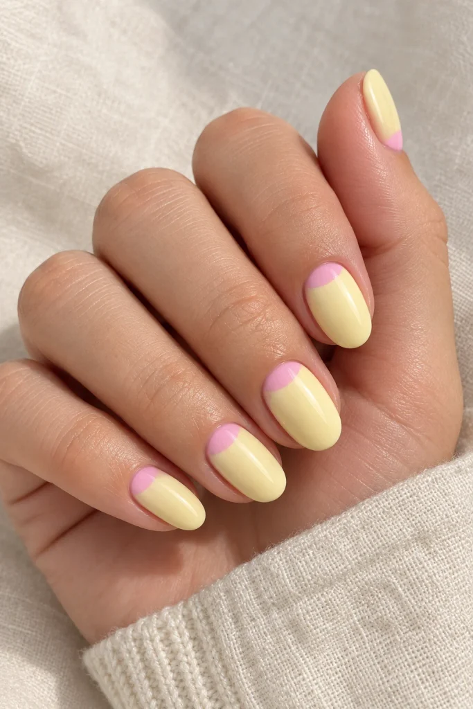 Yellow nails with pink French half moon accents