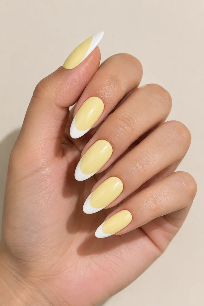 Pastel yellow nails with crisp white French tips