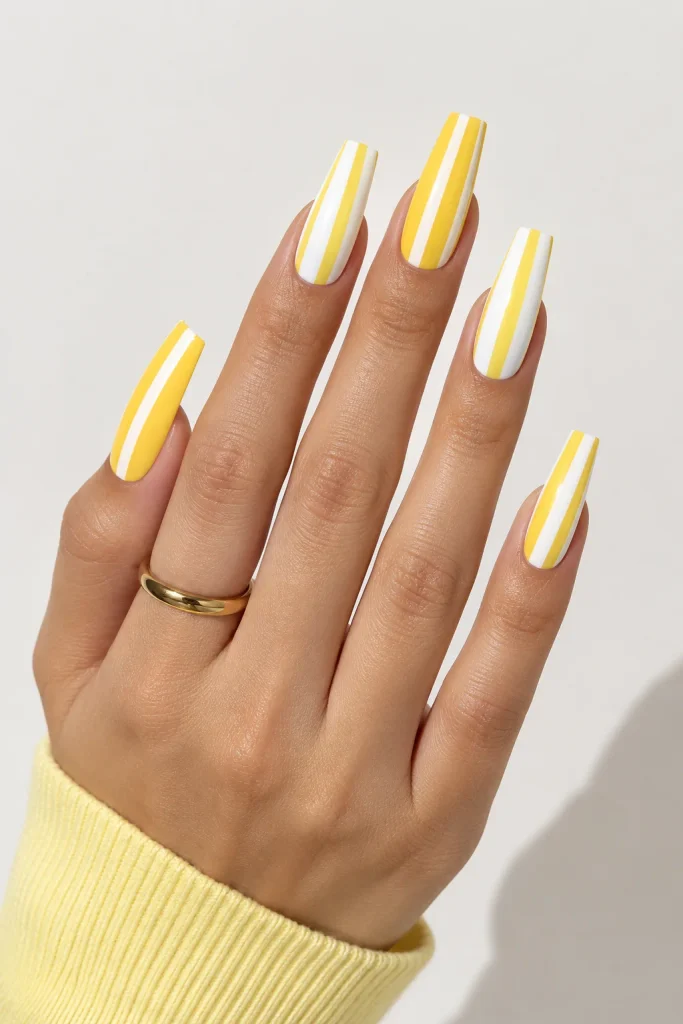 Yellow and white vertical striped nail design