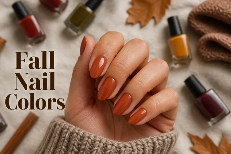 Fall nail colors featuring burnt orange, olive green, and copper chrome manicures.