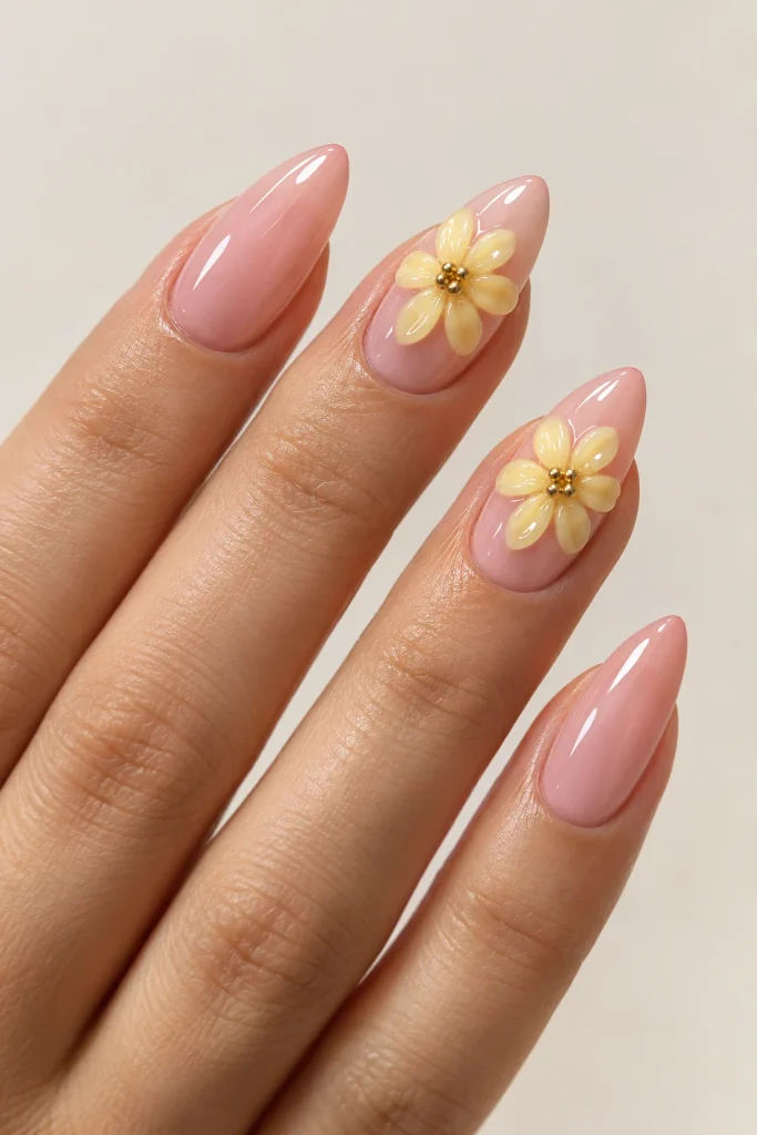 3D raised gel yellow daisies on long almond nails
