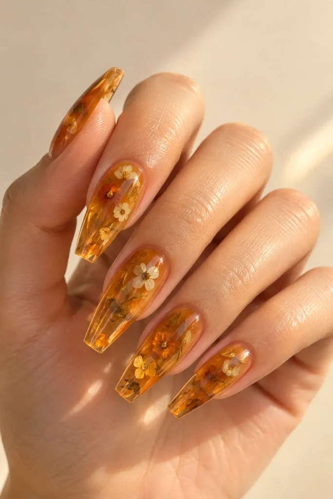 Amber jelly coffin nails containing delicate pressed dried flowers