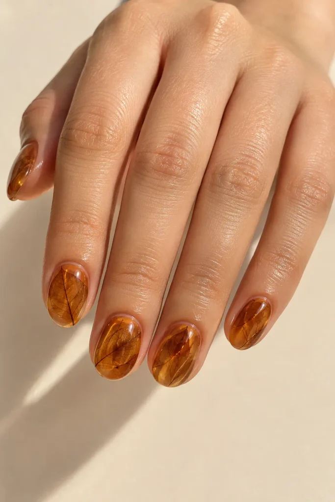 Translucent amber jelly nails with delicate brown leaf veins