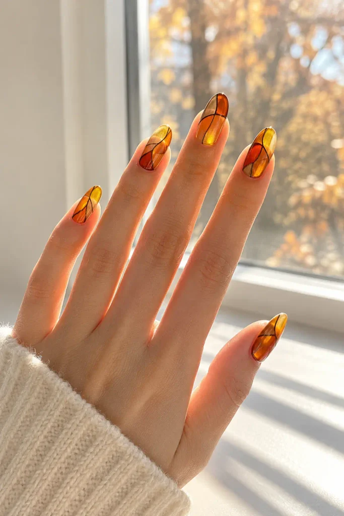 Amber stained glass nails with honey colored translucent panels