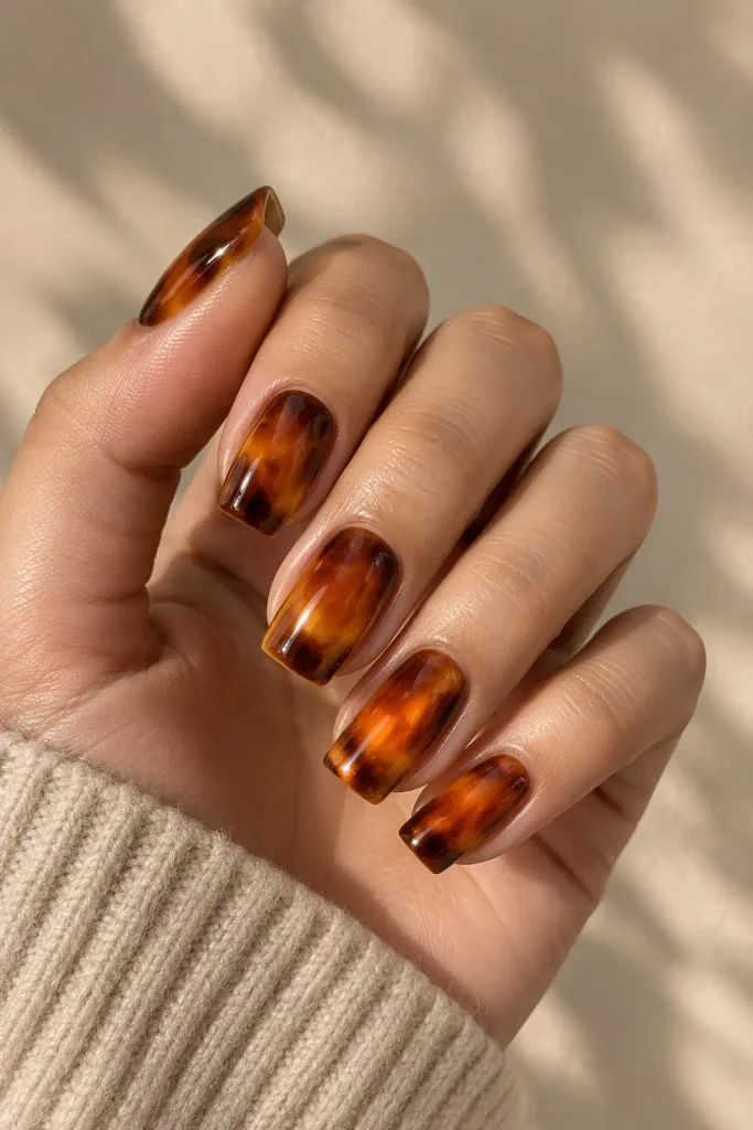 Amber tortoiseshell nails with burnt orange and brown patches