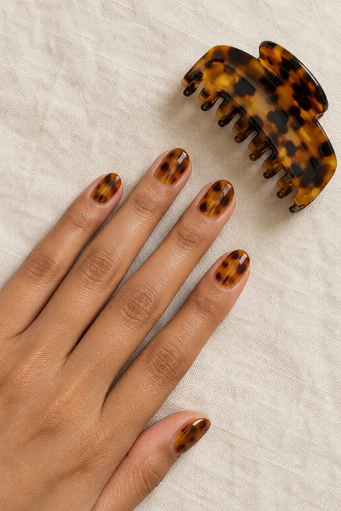 Amber tortoiseshell dip nails with glossy brown patterns