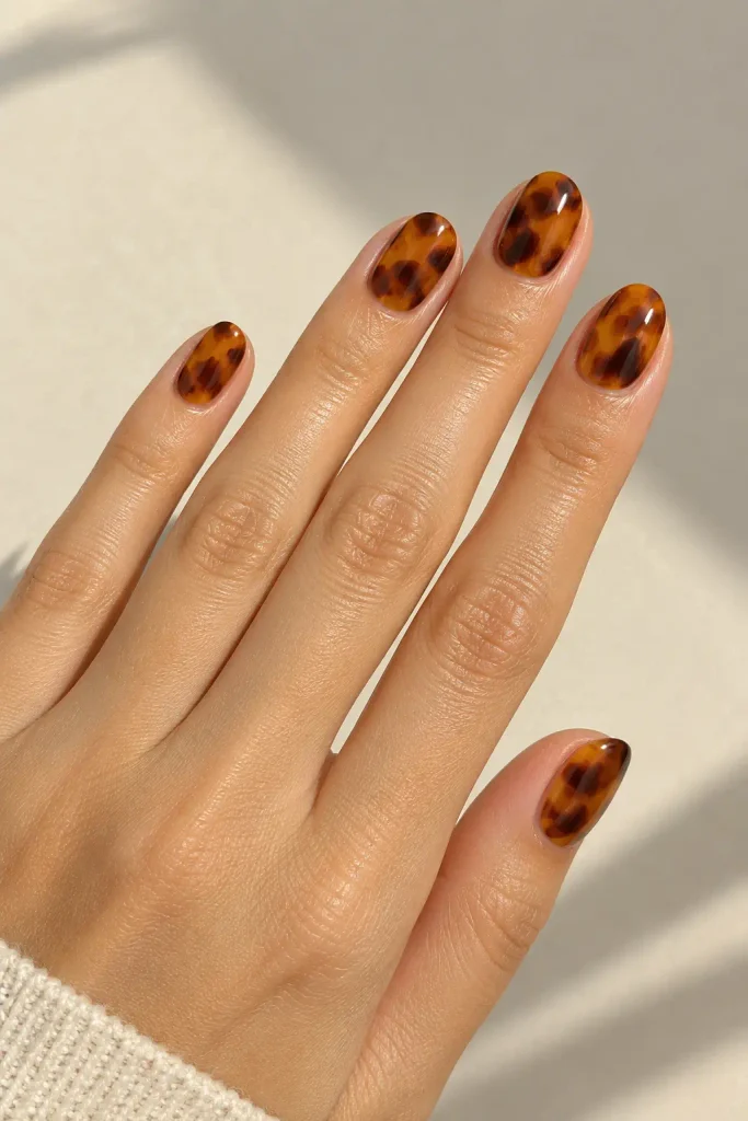 Short oval nails featuring layered amber caramel brown tortoiseshell patterns