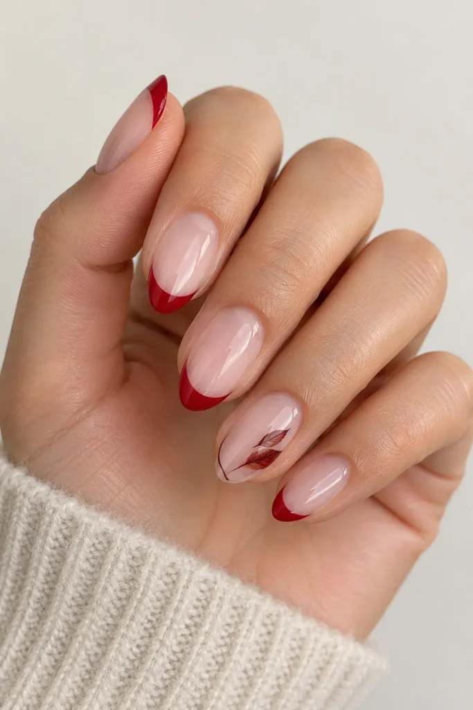 Cherry leaf nail art on a clear natural base
