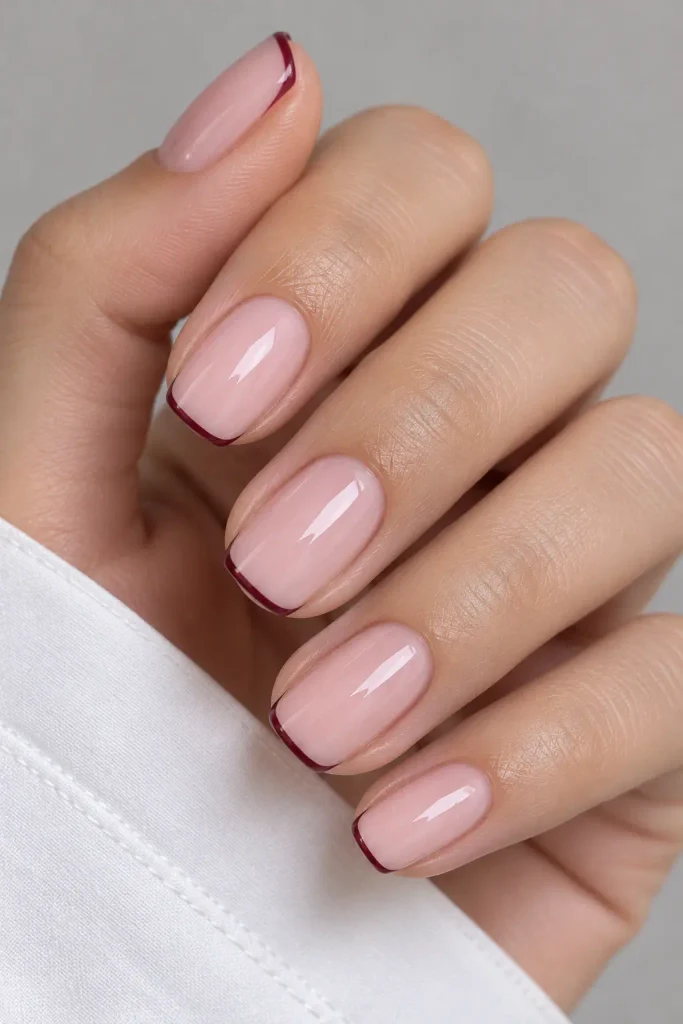 Ballet pink nails with thin burgundy French edges