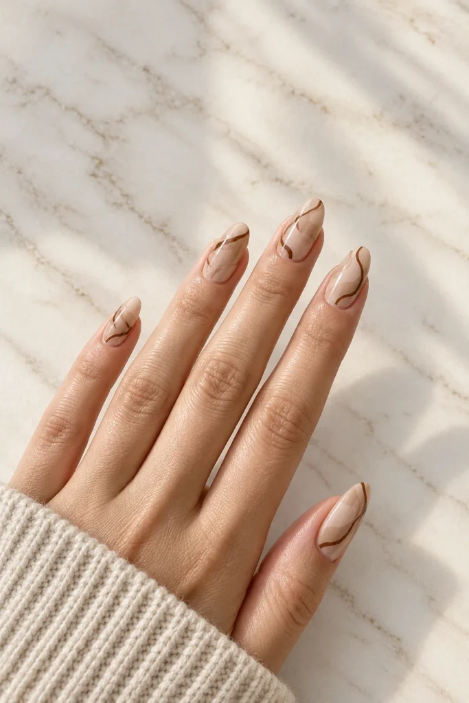 Biscuit beige nails with delicate brown micro swirls