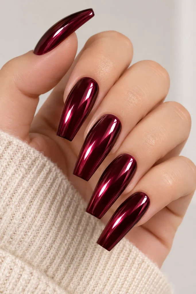 Black cherry coffin nails with reflective mirror chrome finish