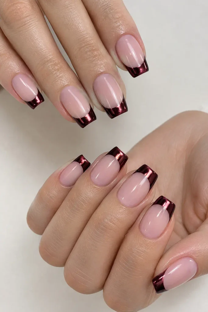 Black cherry chrome French tips on medium square nails