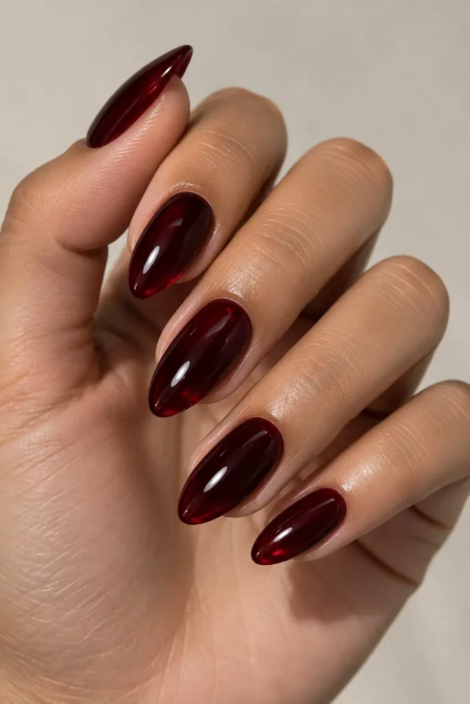 Medium almond nails featuring translucent black cherry jelly polish