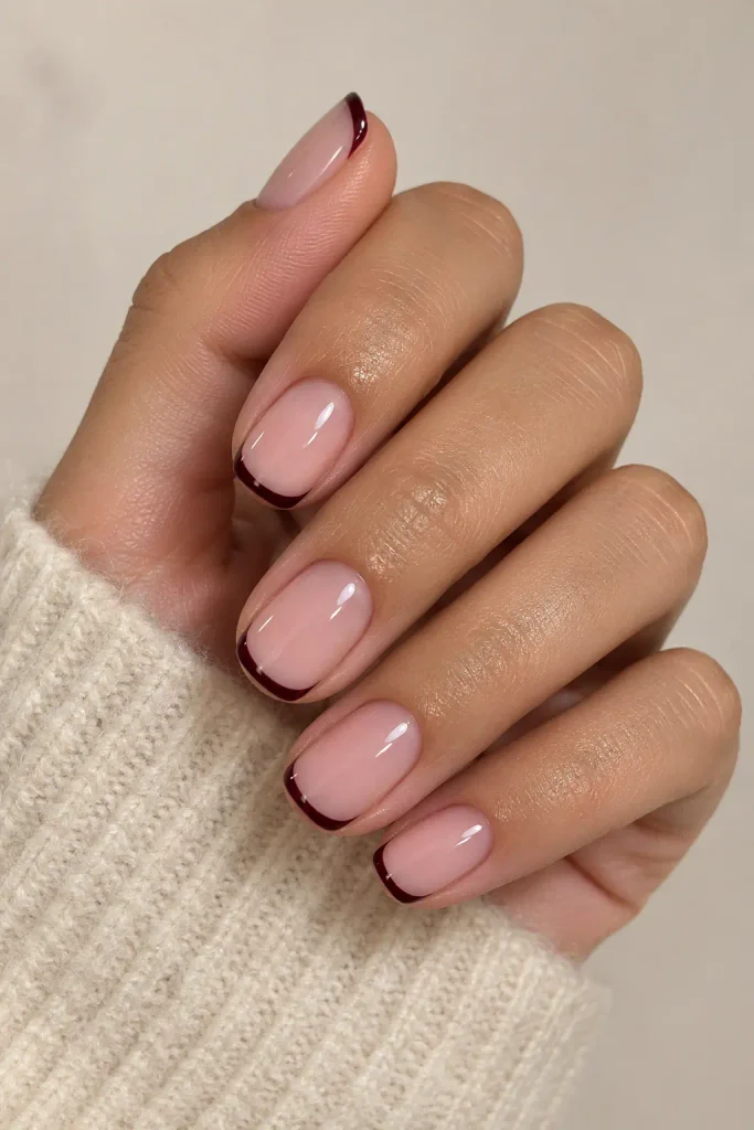Short black cherry micro French nails with pink bases