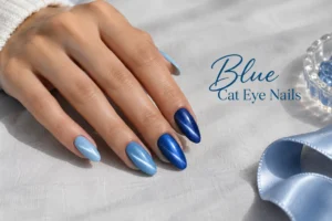 Elegant blue cat eye nails with shimmering magnetic polish
