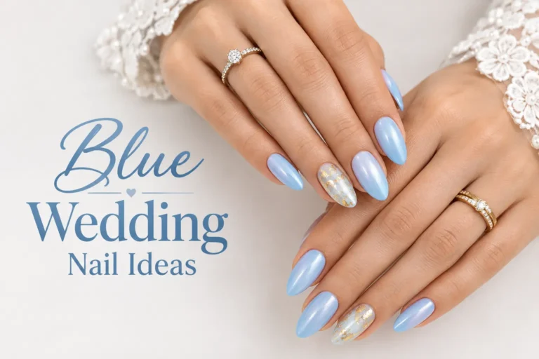 Elegant blue wedding nails with pearl shimmer and delicate bridal details.