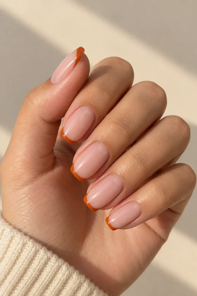 Blush pink French nails with thin burnt orange tips