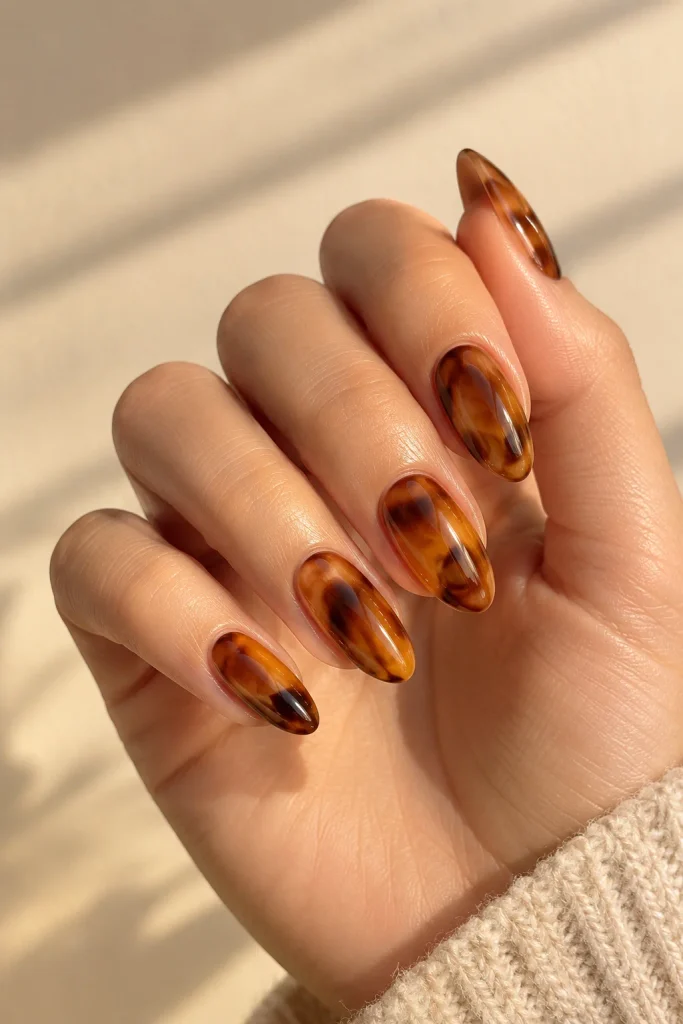 Amber and chestnut tortoiseshell nails with glossy swirls