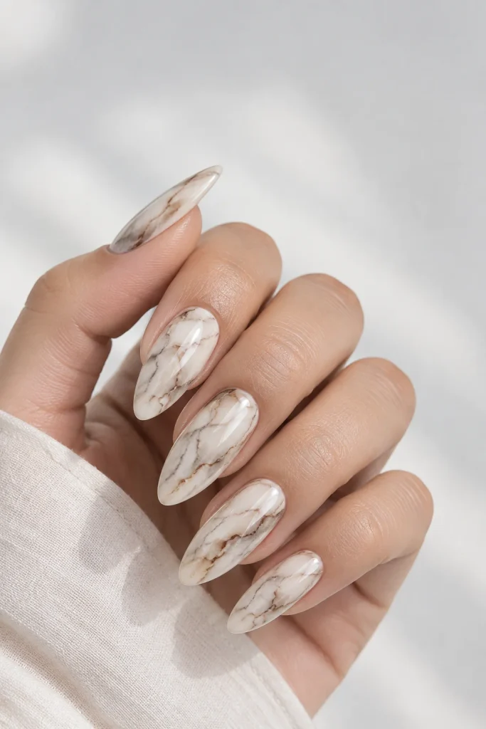 Brown marble nails with fine cream and taupe veining