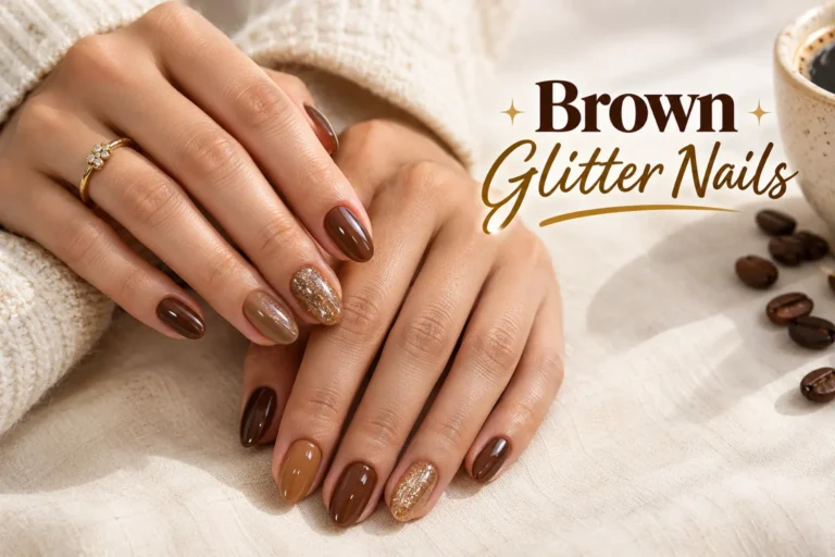 Elegant brown glitter nails with glossy chocolate and gold accents