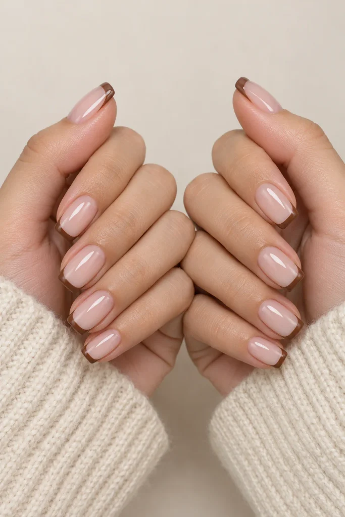 Brown sugar French tips on short square nude nails