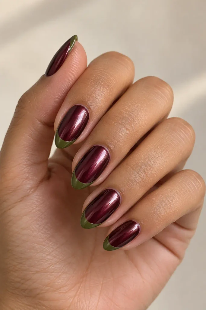 Burgundy chrome nails with olive green French tip accents