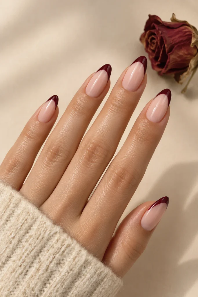 Burgundy French tips on sheer nude almond nails with glossy finish.