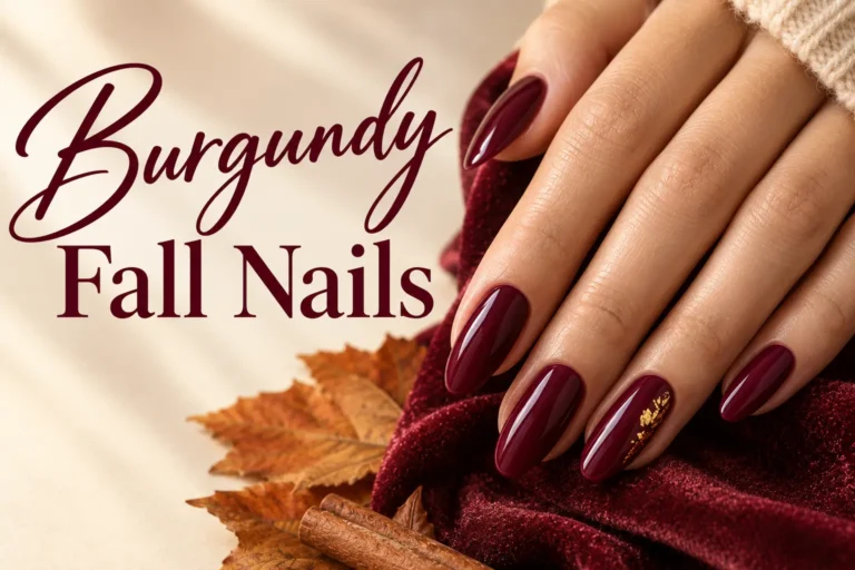 Elegant burgundy fall nails with glossy autumn-inspired details