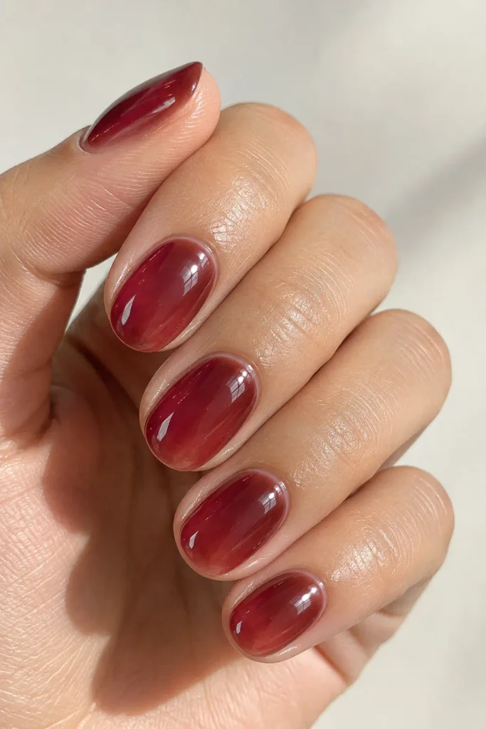 Burgundy jelly glass nails with translucent glossy finishes