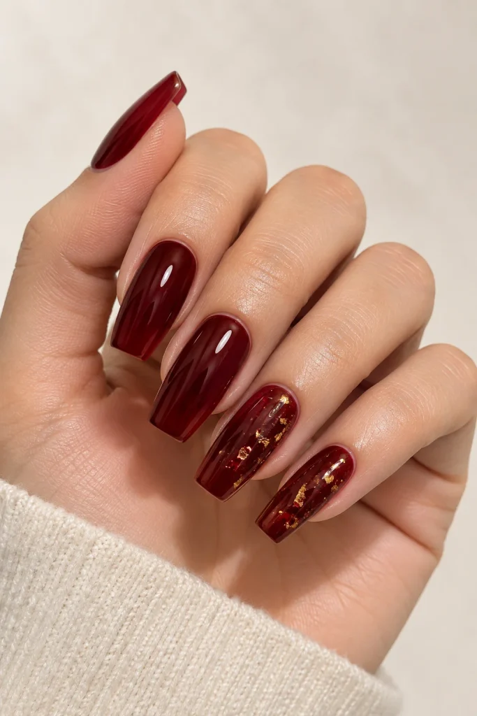 Burgundy jelly nails decorated with delicate gold flecks