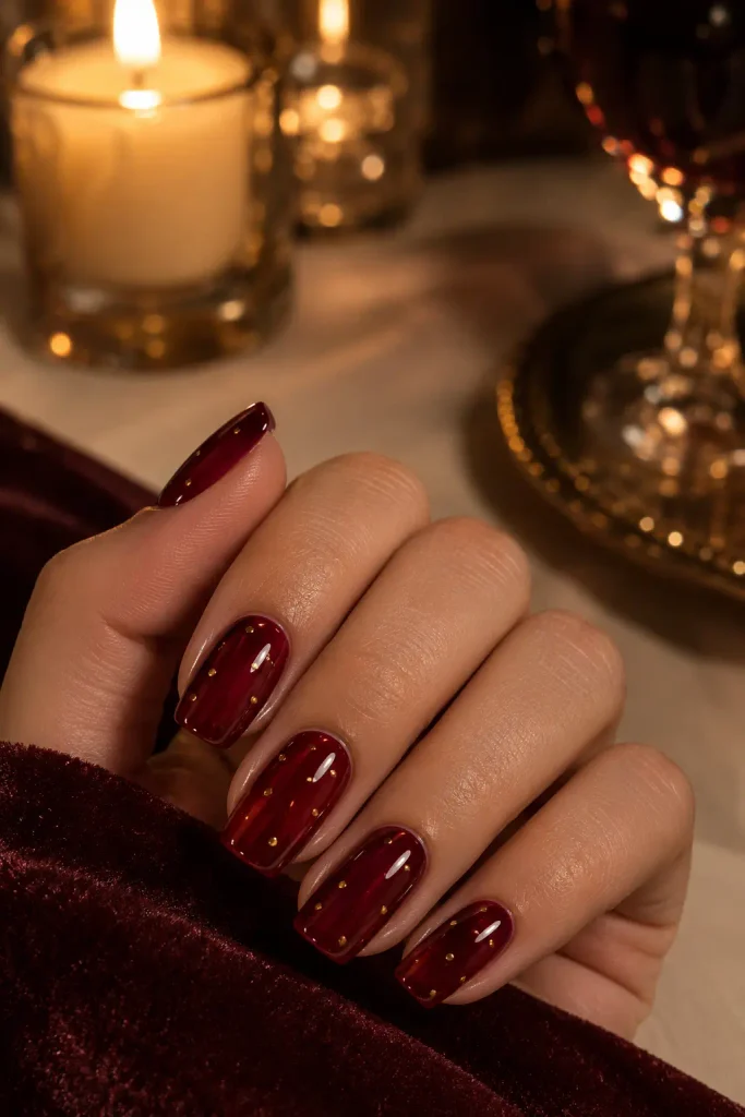 Burgundy jelly nails decorated with delicate metallic gold dots