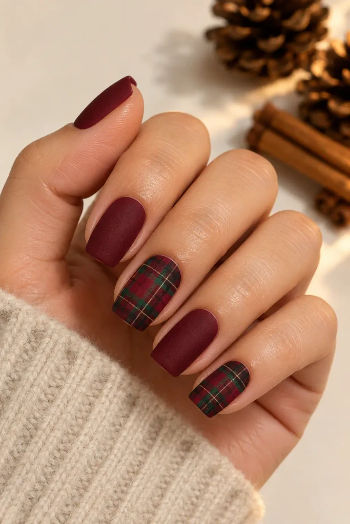 Burgundy tartan plaid nails with cream and green lines