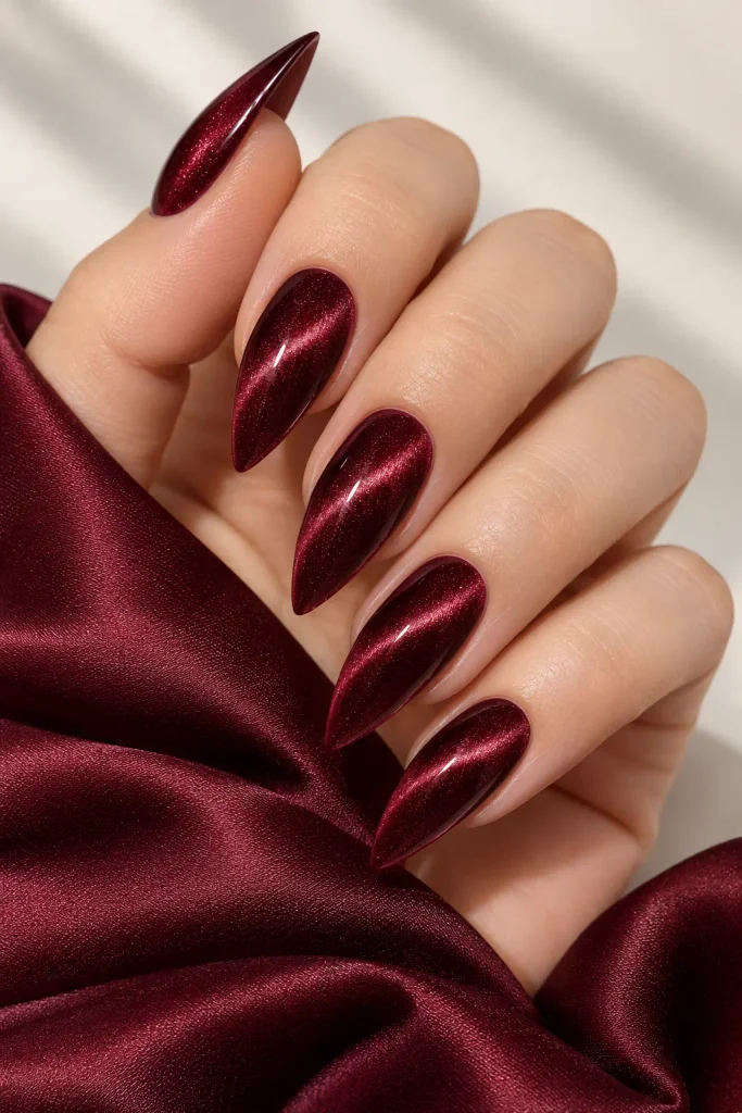 Burgundy velvet cat-eye stiletto nails with magnetic shimmer.