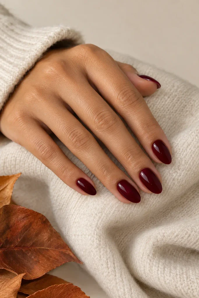 Glossy burgundy wine dip nails on almond shaped fingertips