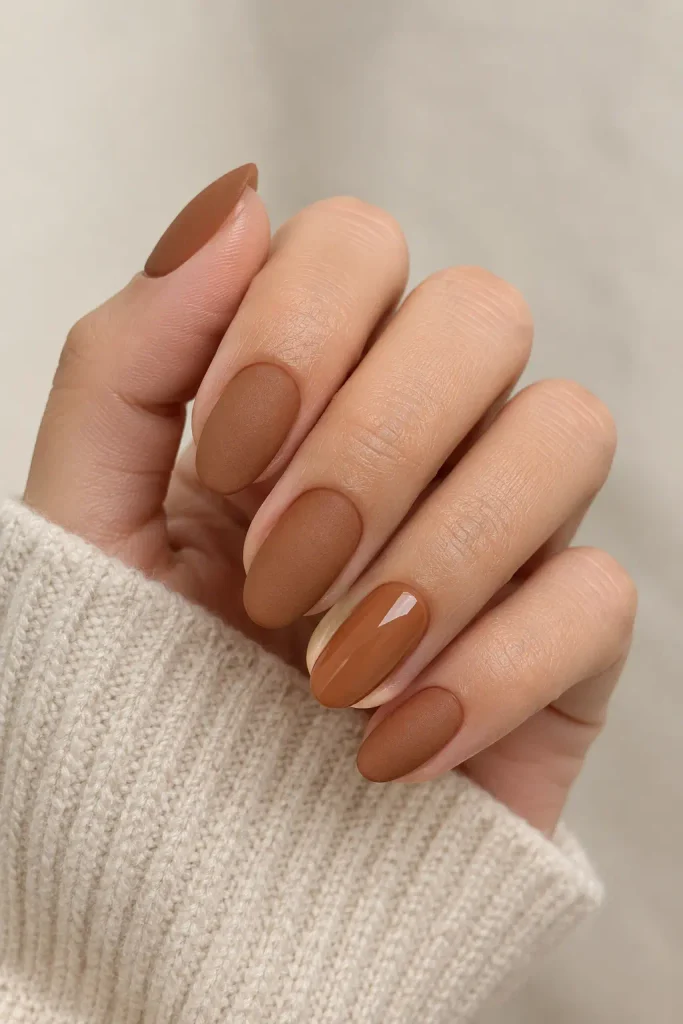 Medium almond nails featuring burnt caramel matte polish and glossy accent